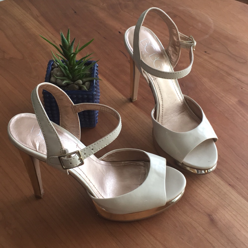 BCBG Gold and tan platform heels
